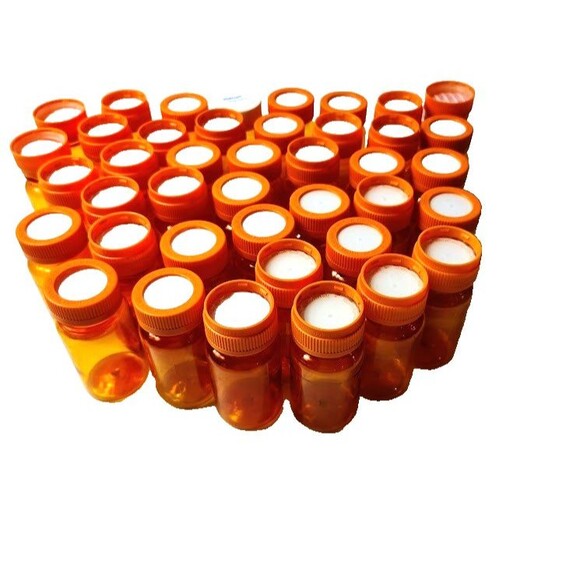 41 Empty Amber Medicine Pill Bottles with Lids Plastic 4 Inch Crafts Storage - Picture 1 of 3
